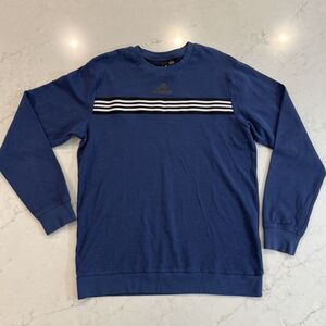 Adidas Mens Sz L Navy Blue Long Sleeve Crew Neck Heavyweight Tee Shirt 3 Stripes